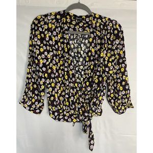 Madewell‎ Women’s Wrap Top French Floral Sunflower Black Tie Front Size XS